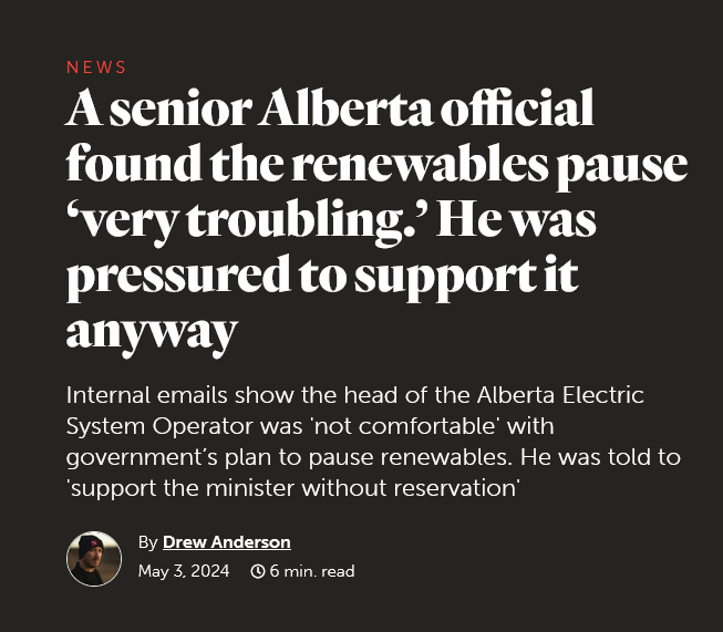 ~LIES, LIES &MORE LIES

'The documents, released through a FOIP request,  disclose internal correspondence contradicting claims by DS & UCP’s decision to pause renewable energy developments for 7 months was partially in response to requests from the operator.'
#EnoughIsEnoughUCP