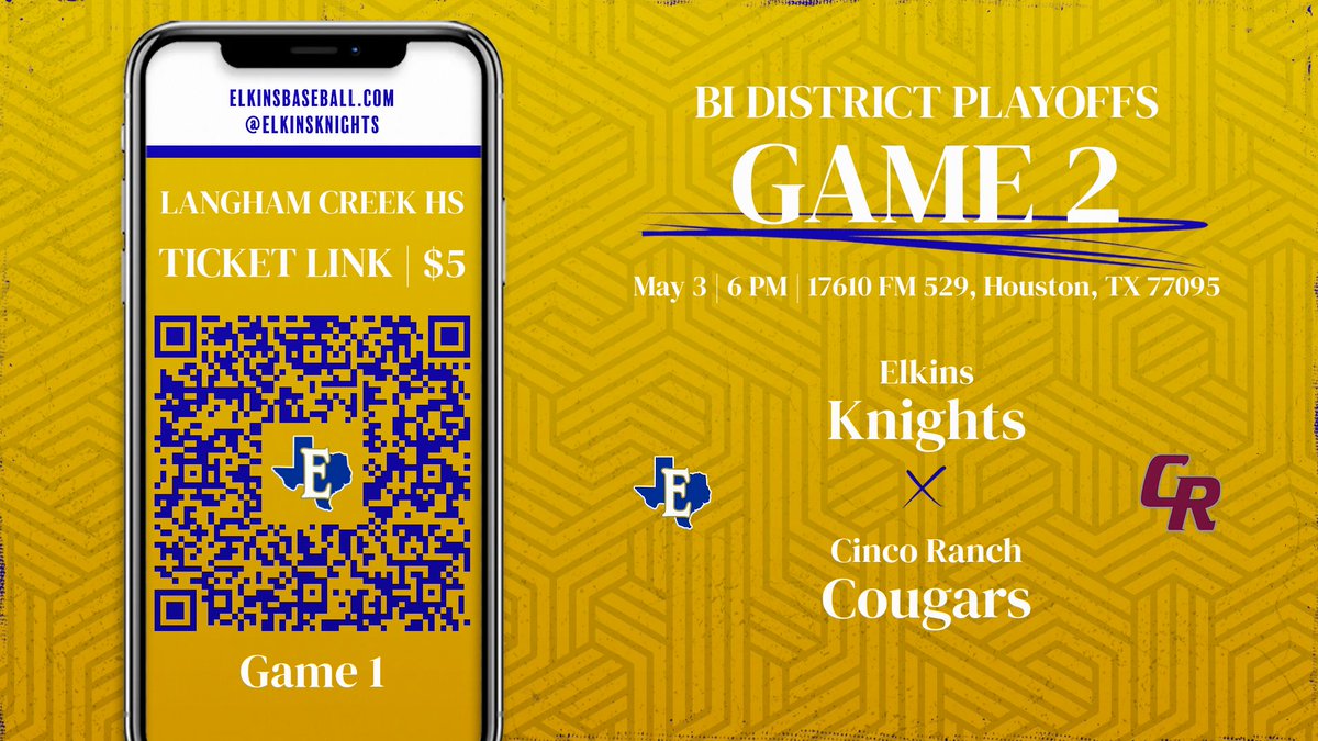 Elimination game. Game 2 tickets via the QR code. #ElkinsBaseball