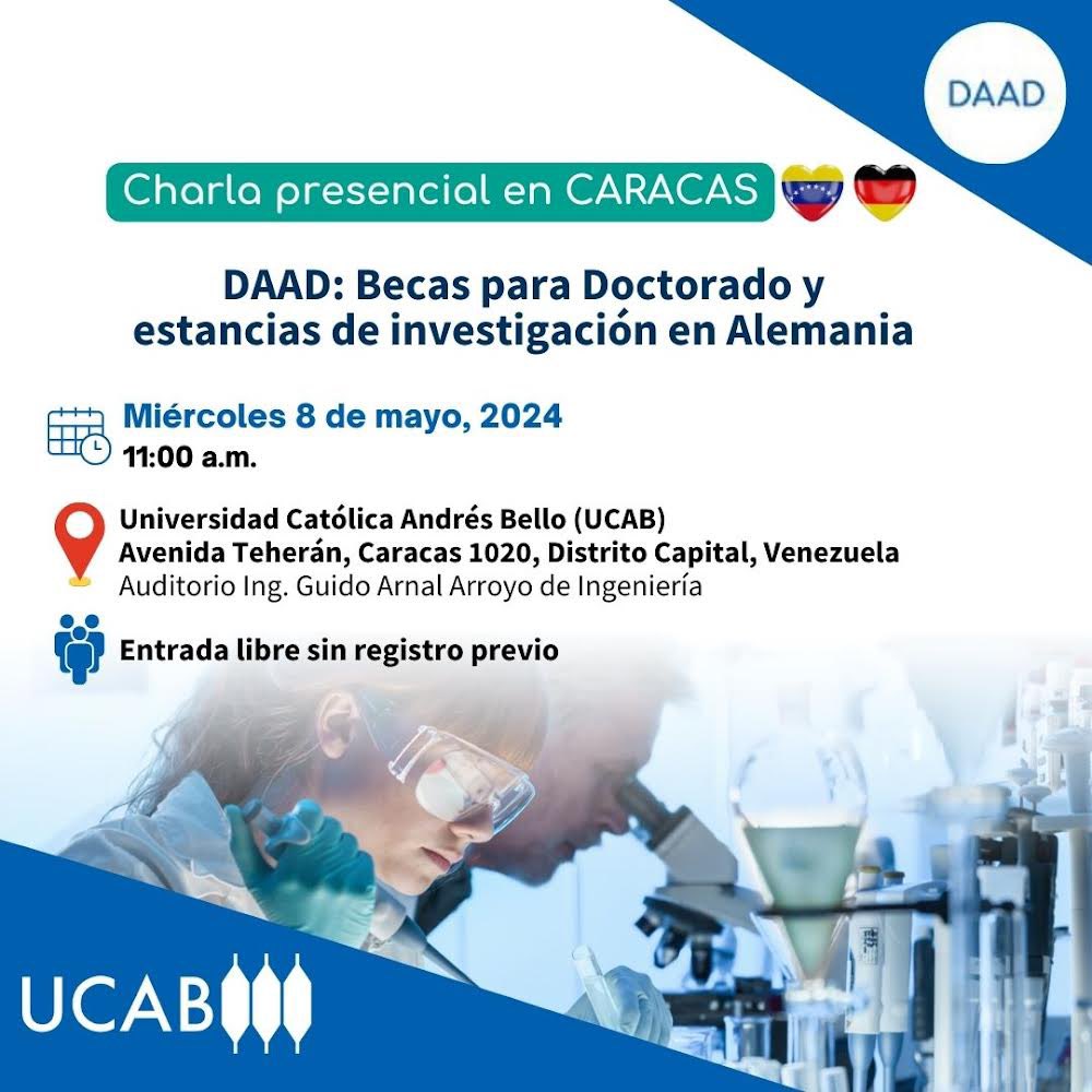 Si estás en Caracas y quieres explorar posibilidades de becas de estudio, postgrado, investigación y doctorado aquí en Alemania, este 8 de mayo de 2024 en el auditorio Guido Arnal de Ingeniería @enlaucab una buena oportunidad para obtener información con la gente de @DAAD_Germany…