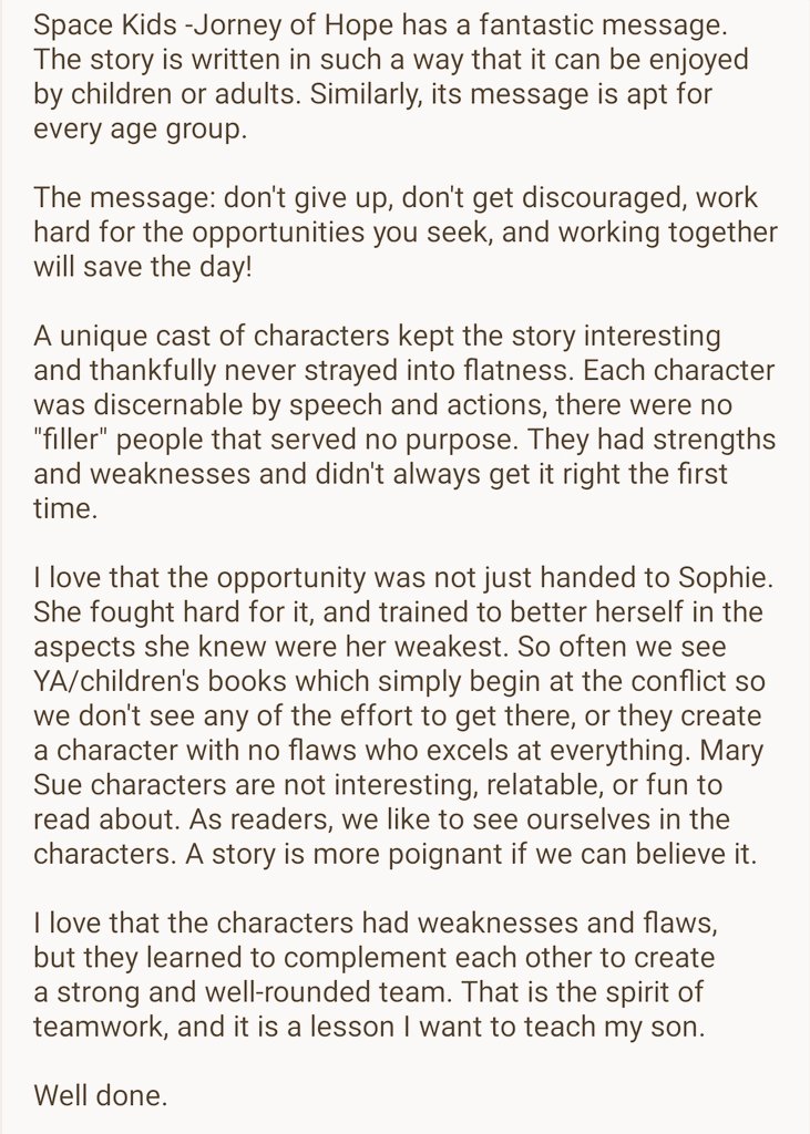 It's an amazing feeling to receive reviews like this for my little kids sci-fi book. Space Kids - The Journey of Hope is free to download on Amazon for the next five days. 🙂🚀🌟