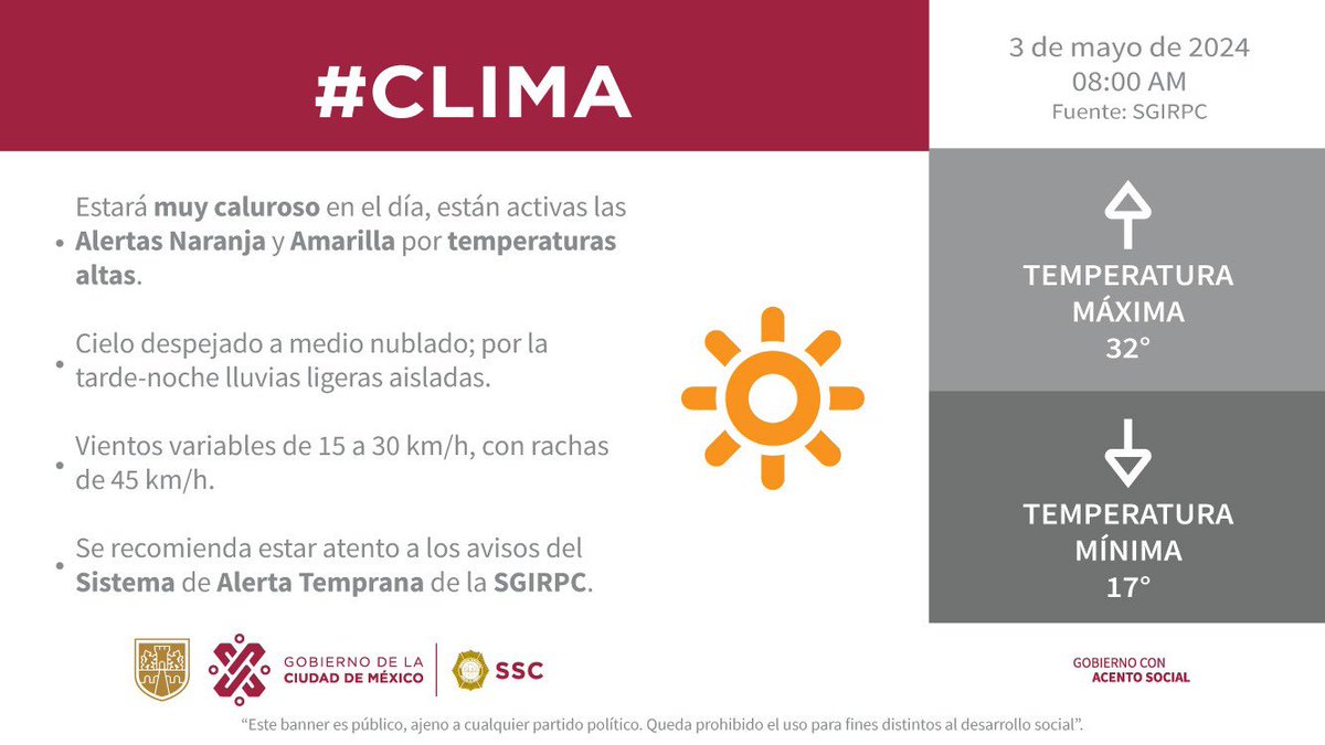 #FelizViernes, la #SSC te invita a consultar el #PronósticoDelClima de este 3 de mayo. #CiudadSegura