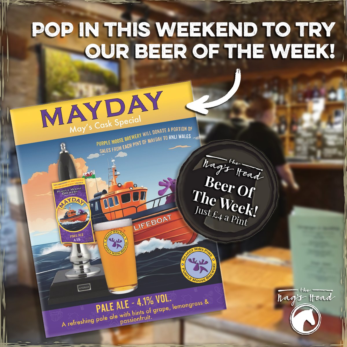 𝗘𝗻𝗷𝗼𝘆 𝗼𝘂𝗿 '𝗕𝗲𝗲𝗿 𝗼𝗳 𝘁𝗵𝗲 𝗪𝗲𝗲𝗸'! - @PurpleMooseBrew #MAYDAY Pale Ale! 💜🍺
Just £4 a pint (with a portion of each sale going to RNLI Wales)! 🚤🛟🏴󠁧󠁢󠁷󠁬󠁳󠁿
Pop in this weekend to enjoy a pint 😄🍻

#BeerOfTheWeek #RNLI #PurpleMoose #LocalBrewery #LocalAle #WelshBrewery