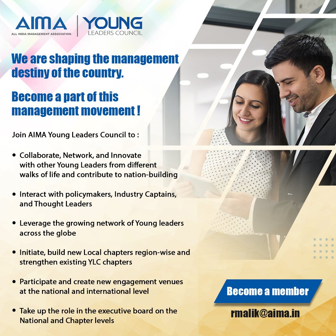 Join AIMA Young Leaders Council, a network of #YoungLeaders who are leading the management transformation. Become a member, visit: ylc.aima.in/membership/how…

#YLC #YoungLeadersCouncil #AIMA #Management #Leadership #Mentorship