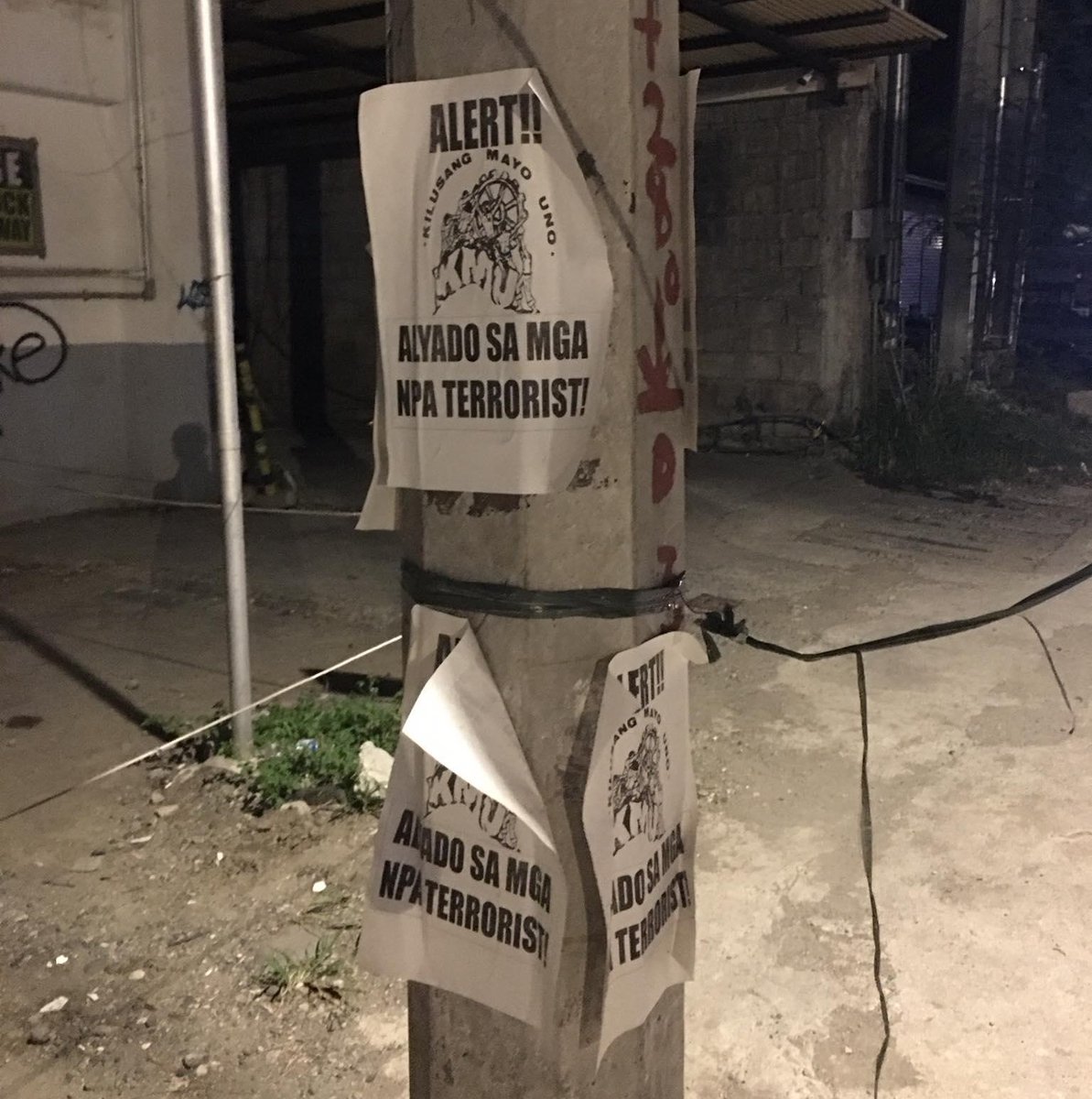 ALERT: Red-tagging/terrorist-labeling posters vilifying Kilusang Mayo Uno (KMU) were spotted earlier today, 3 May 2024, pasted on lamp posts and walls in various public spaces in downtown Davao City.. 🧵