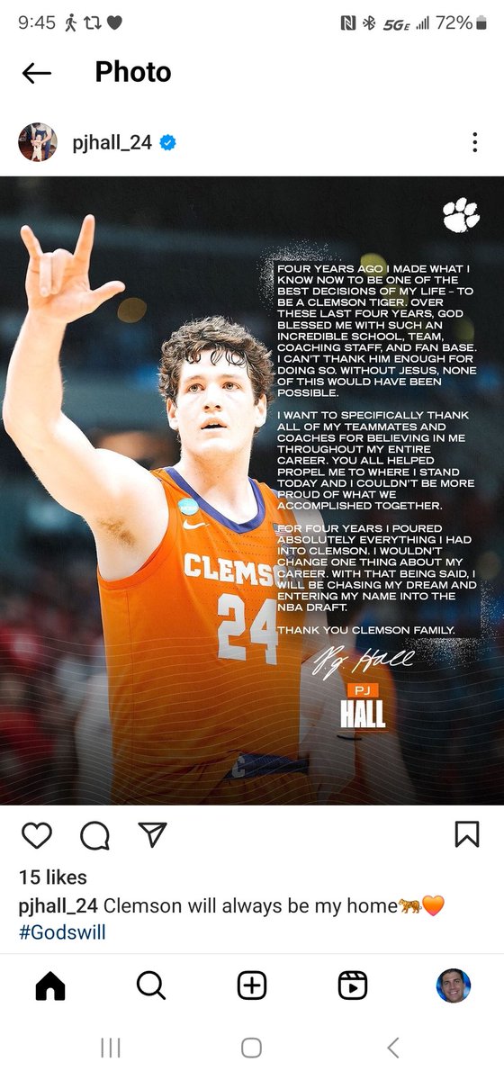 Clemson's PJ Hall officially announces his plans to enter the 2024 NBA Draft, per his IG page. Had one season of eligibility remaining.