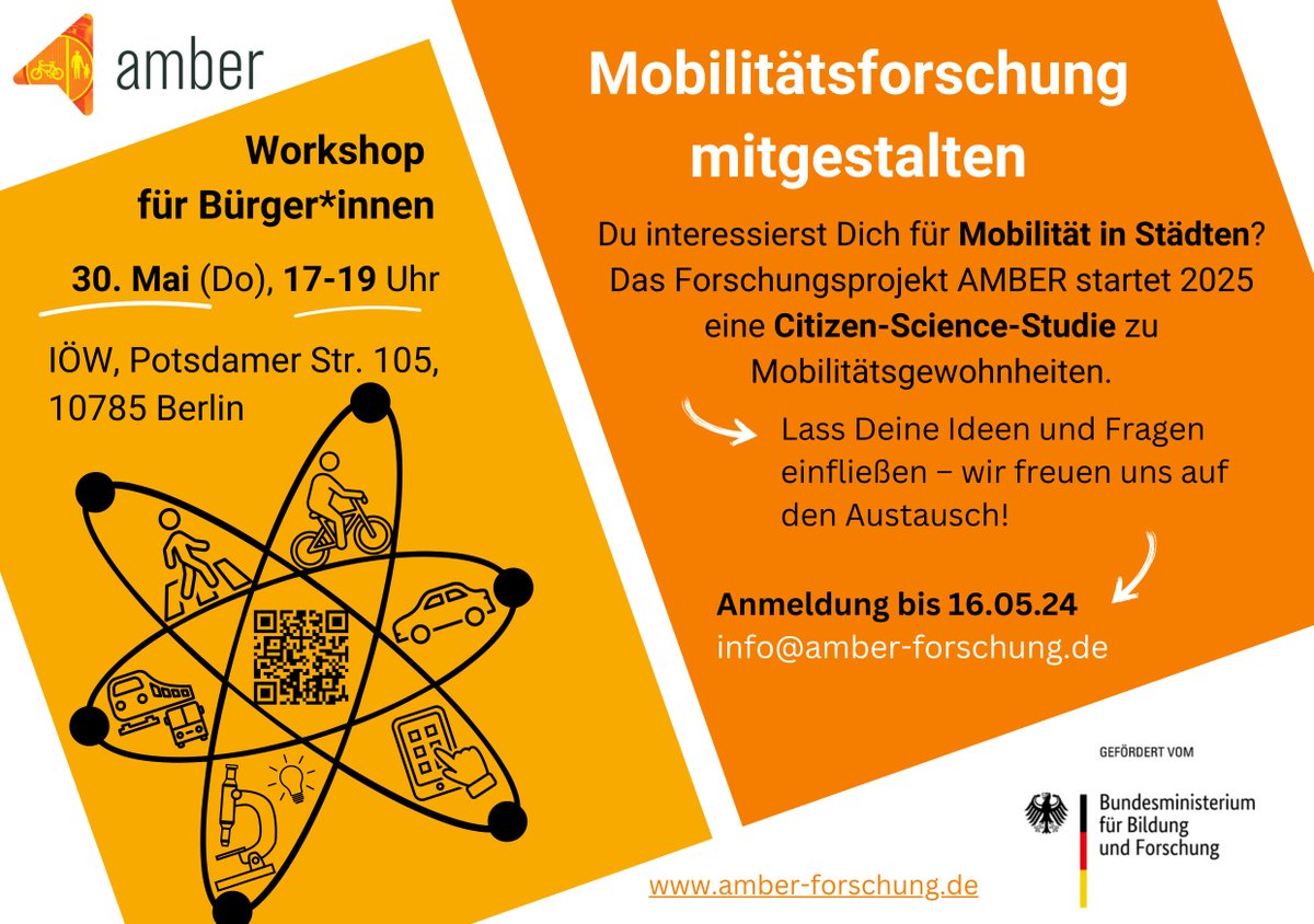 #CitizenScience-Workshop zu #Mobilität in Städten 🚶‍♀️🚴‍♀️🏙 Was heißt gesunde Mobilität heute und in #Zukunft? #AmberForschung startet ab 2025 dazu eine Studie zum Mitforschen per App. 👉 Triff die Forschenden am 30. Mai in #Berlin und bring Deine Ideen ein: amber-forschung.de/de/Aktuelles/