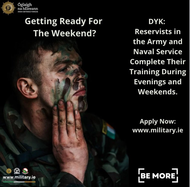 Serve in your spare time. The majority of Reserve training takes place at weekends or during weekday evenings. Develop real life skills and be more. Apply today at military.ie