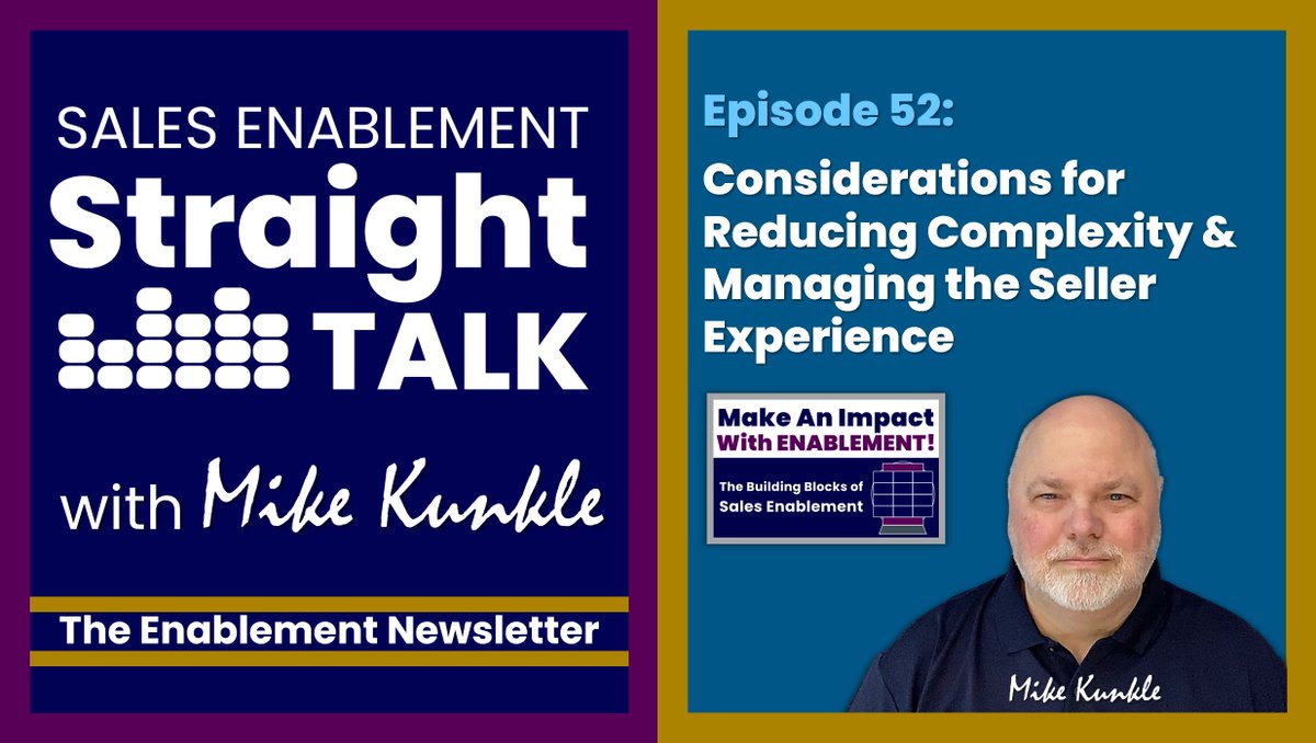 Hey, Enablers, Happy Friday. Mike Kunkle here. Welcome to this week’s edition of #SalesEnablement #StraightTalk!

Today, I want to share some considerations for reducing #seller #complexity and managing the #seller #experience. 

When I asked a few weeks ago whether there were…