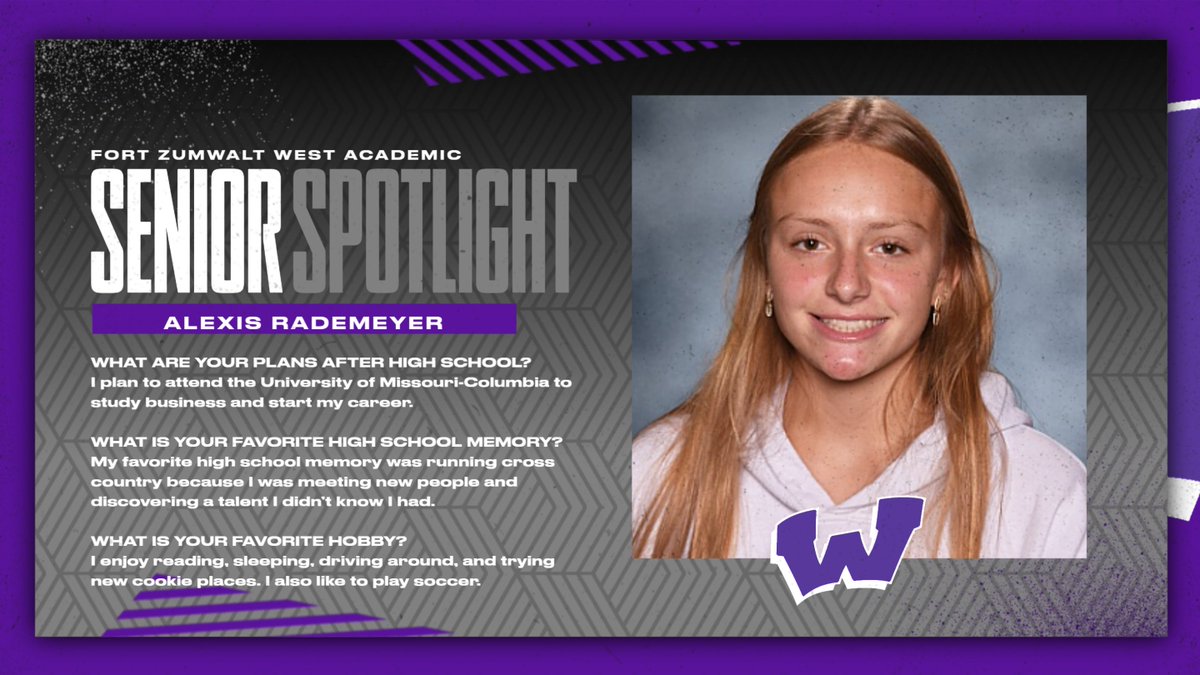 Congratulations to our Senior Spotlight student of the day – Alexis Rademeyer. Each weekday between now and the end of the school year, Fort Zumwalt West will recognize a senior student for their contributions to our school.