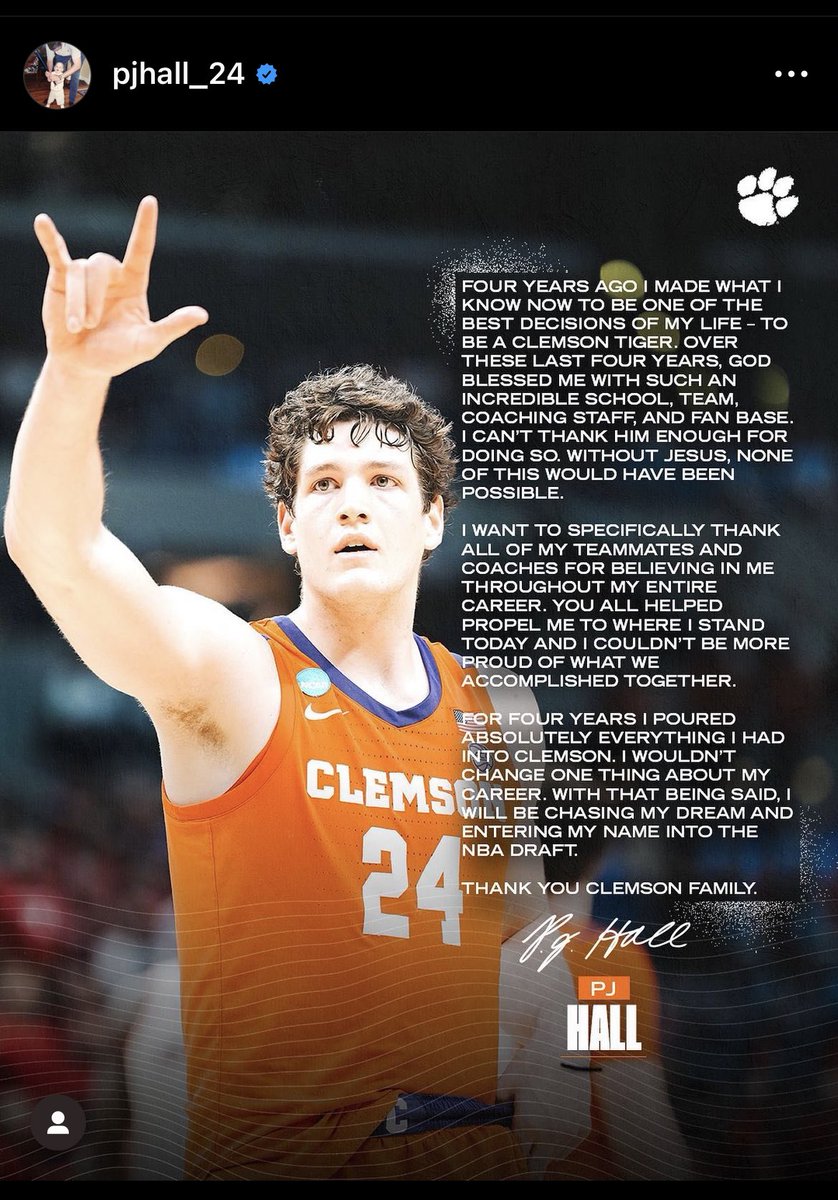 BREAKING: Clemson star forward PJ Hall makes it official, and announces he’s entering the NBA Draft