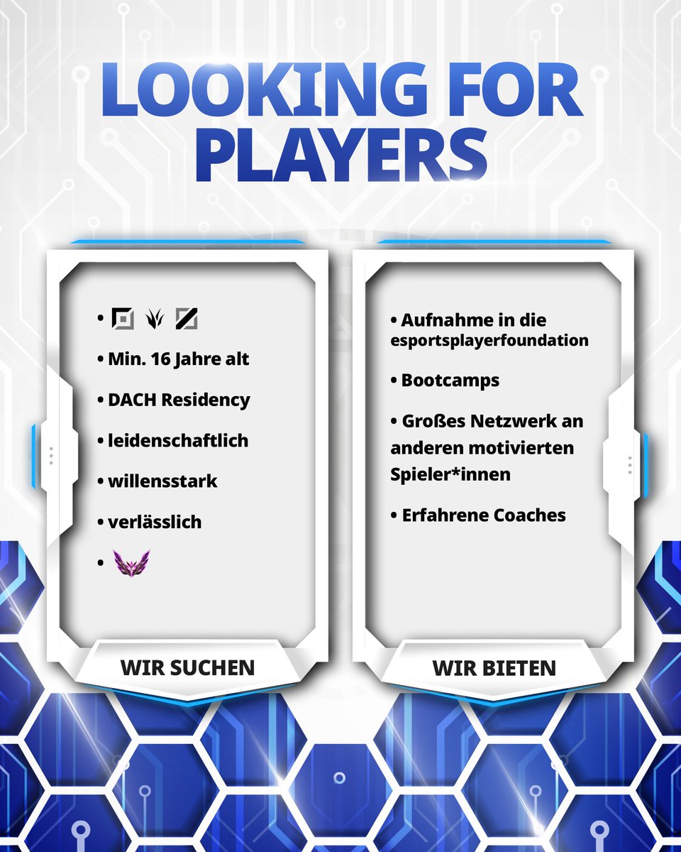🚨 Unser Academy-Team sucht neue Spieler*innen! 🚨
Für den kommenden Split sind wir auf der Suche nach neuen Talenten 🔎

Du bist Master, hast Bock auf das Team und spielst Top, Jungle oder Mid? 
Dann melde dich über unser Formular! 🔥
👉 forms.gle/a7crZgsWJU79Yo…