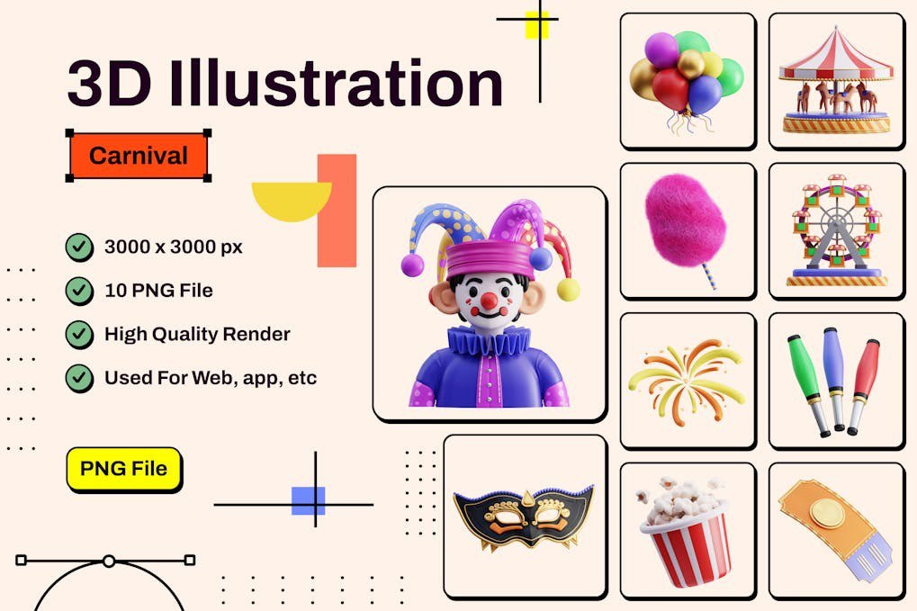 Carnival 3D Illustration
Give your project an awesome Illustration, Illustration you can use these for UI/UX design, mobile apps, web #infographics, and many more.
Features:
10 Unique 3D #Illustration
3D Ready Use
High Resolution (3000 x 3000 px)
Transparent .png #Background