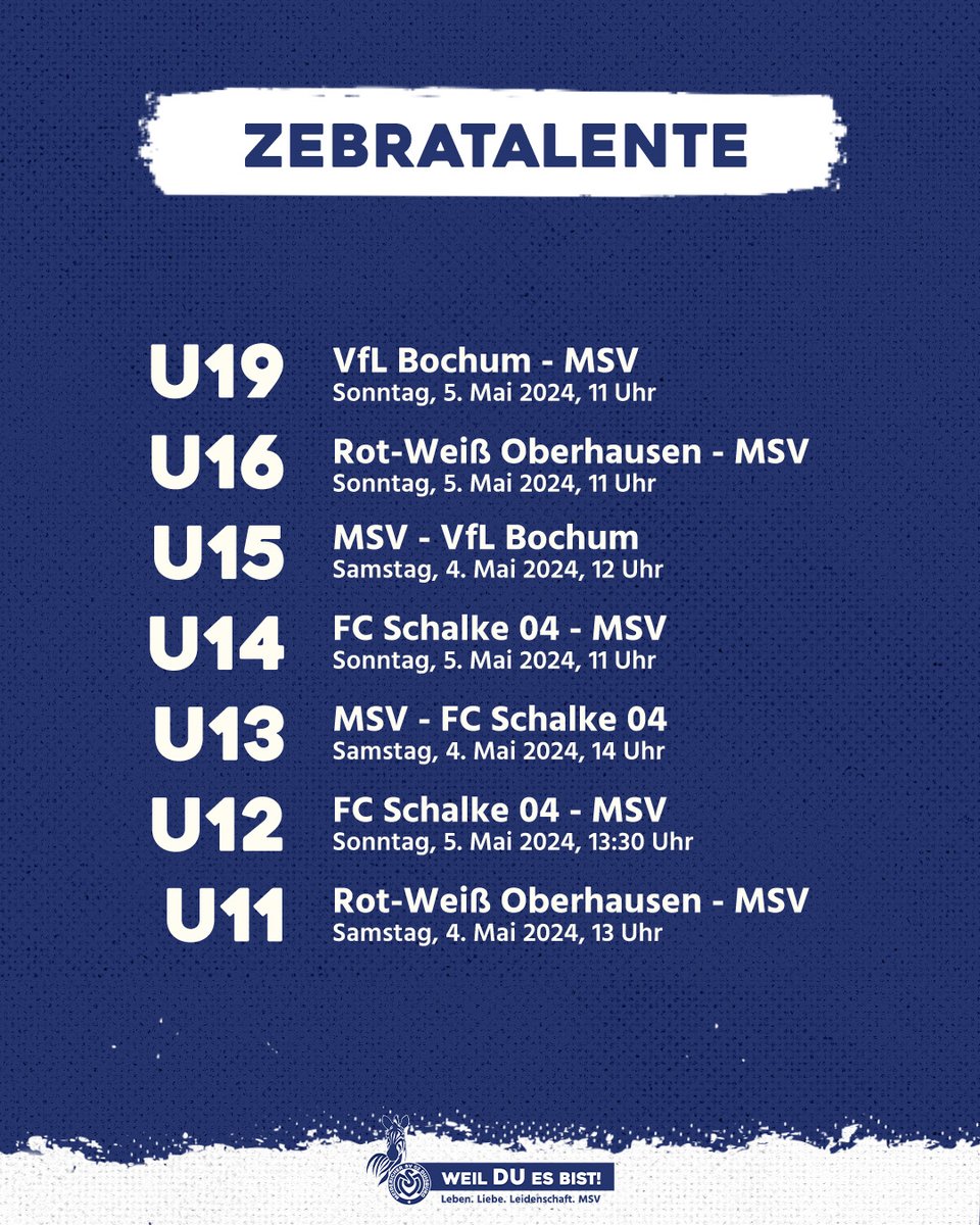 Rot-Weiß Oberhausen, FC Schalke 04 & VfL Bochum sind die Gegner unserer #ZebraTalente am ersten Mai-Wochenende! Schaut vorbei und macht Euch einen Eindruck von den Meidericher Jungs von (über-)morgen. 😉 #WeilDUesBist #Duisburg