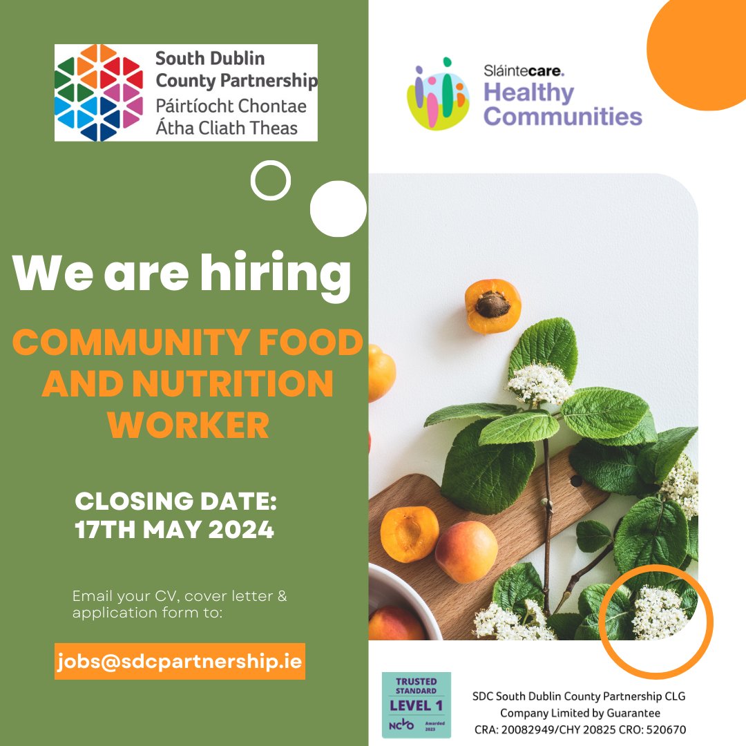 SDCP is recruiting for Community Food & Nutrition Worker to provide capacity for the Sláintecare Healthy Communities to improve community health and wellbeing in the designated Healthy Community areas.  
More information on our website: zurl.co/I26V