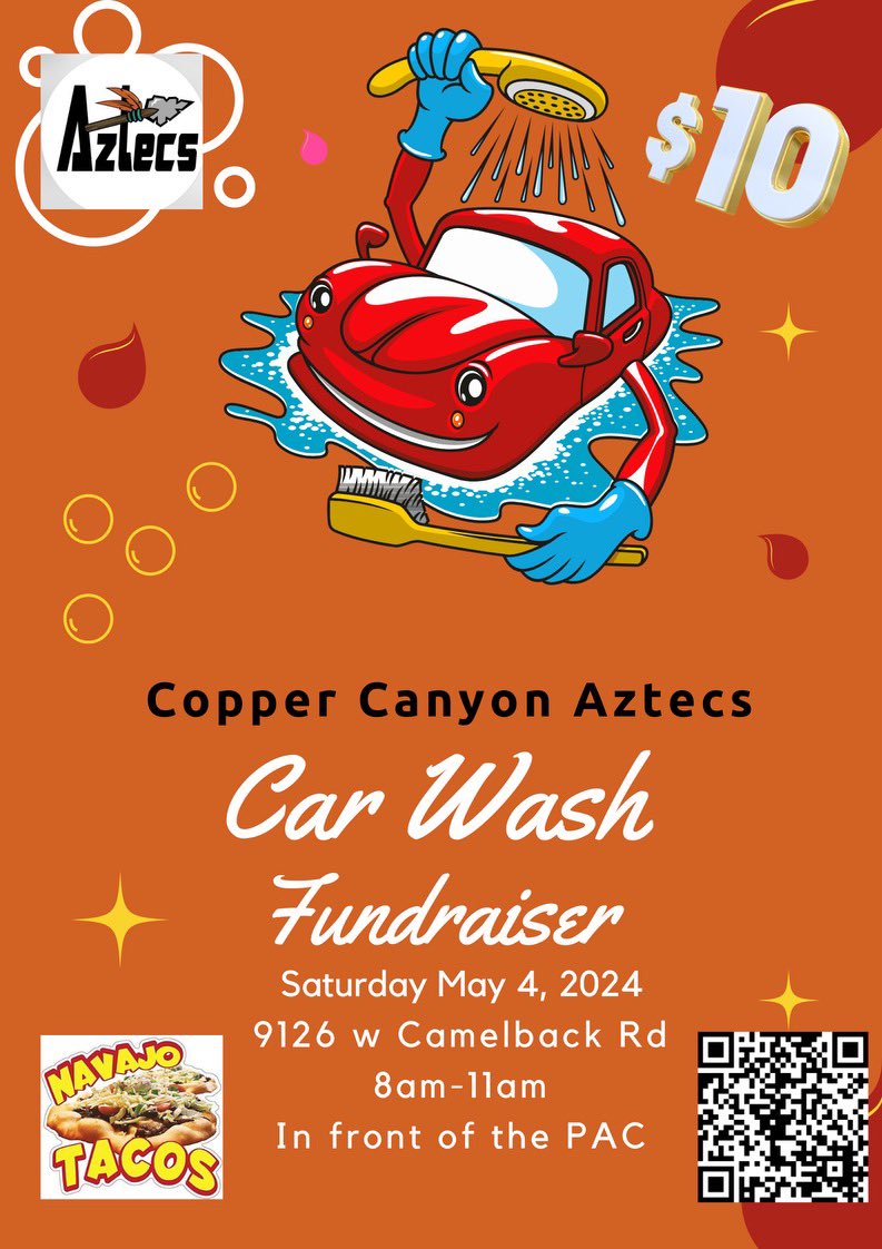 Saturday at Copper Canyon Football Stadium: Car Wash Cinco De Mayo celebration!!! DJ- Tacos- @ccaztec @coppercanyon_aztecs @aztecstugo Copper Canyon High School 9126 W. Camelback Road Glendale, AZ 85305