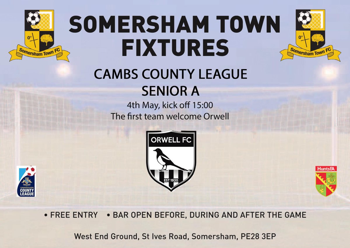 Tomorrow is our final game, it's been a tough season with the weather but that's another season in the books. @CambsLeague Senior A First team welcome @OrwellFC1920 Kick off: 15:00