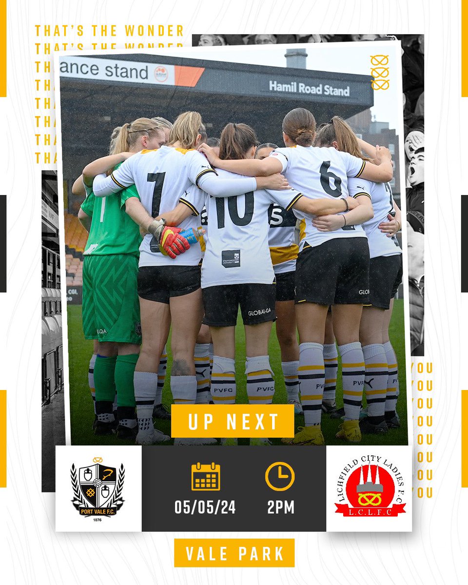 We’re looking forward to Sunday when we welcome @PVFCWomen back to Vale Park. Tickets are available now as they push closer to promotion. 📆 Sunday 5th May 2024 ⌚️ 2pm KO 🎫  Purchase tickets here bit.ly/3WphxWo #PVFC | #PVFCWomen