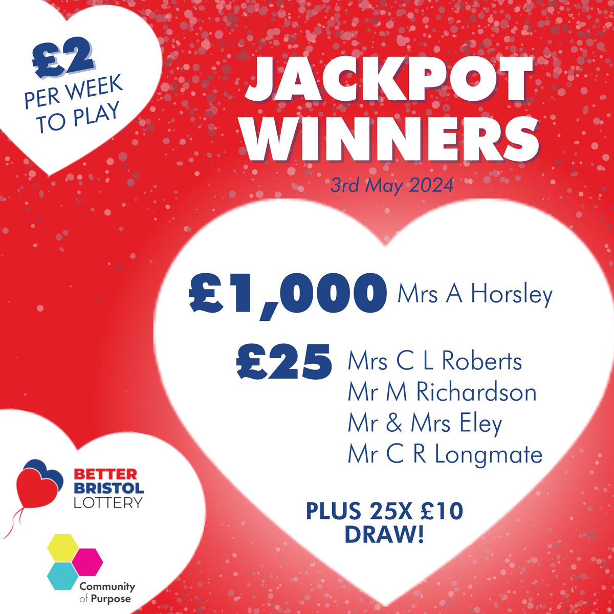 Just in time for the bank holiday! Congratulations to this weeks Better Bristol Lottery winners!🥳✨ Sign up today >> Join the excitement >> communityofpurpose.com/get-involved/i… Always remember, keep it entertaining and gamble responsibly - Learn more at begambleaware.org