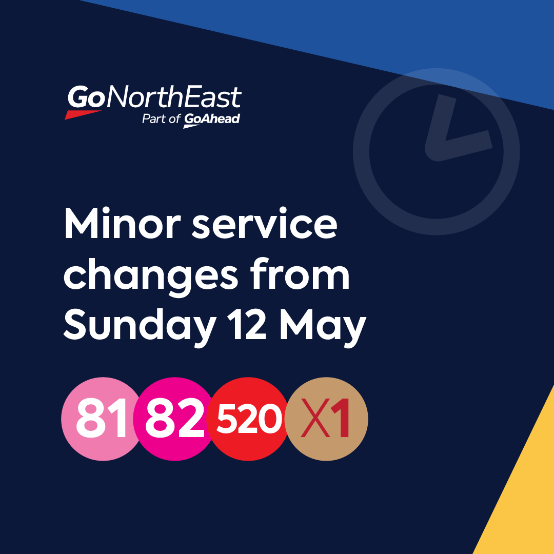 From Sunday 12 May, there will be some minor timetable changes to Little Pinks services 81/82 and Xlines X1. Unfortunately, from Sunday 12 May, we will no longer be the operator of service 520 between Houghton-le-Spring and Fence Houses. Find out more - gonortheast.co.uk/minor-service-…