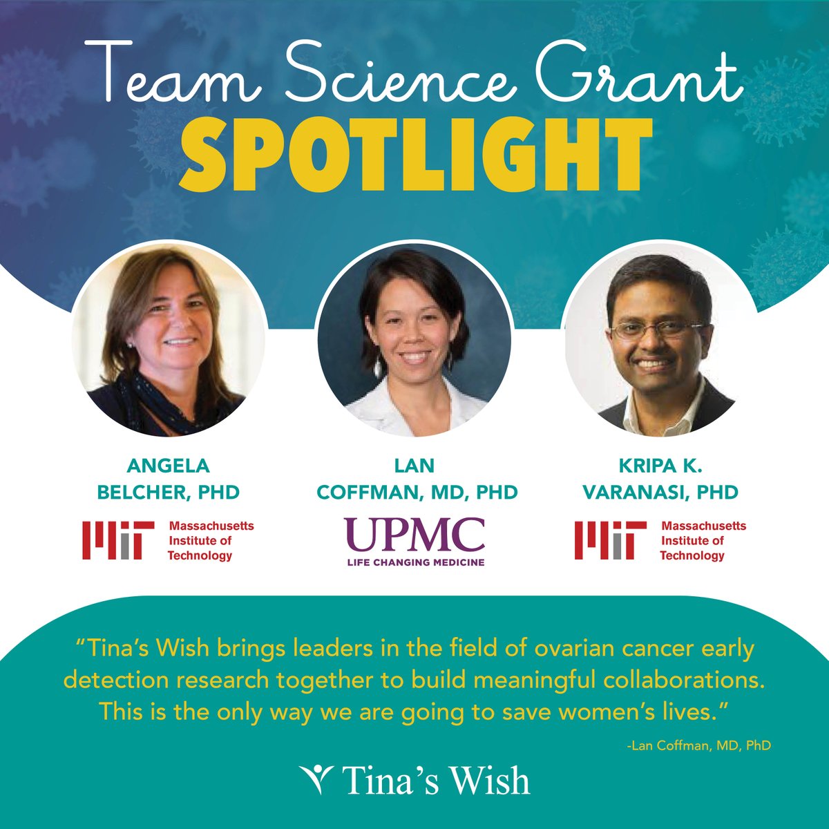 Tina’s Wish grantees Drs. Angela Belcher and Kripa Varanasi @MIT, and Dr. Lan Coffman @UPMC demonstrate the power of collaboration in advancing research for the early detection of ovarian cancer. To learn visit: tinaswish.org/portfolio/belc…