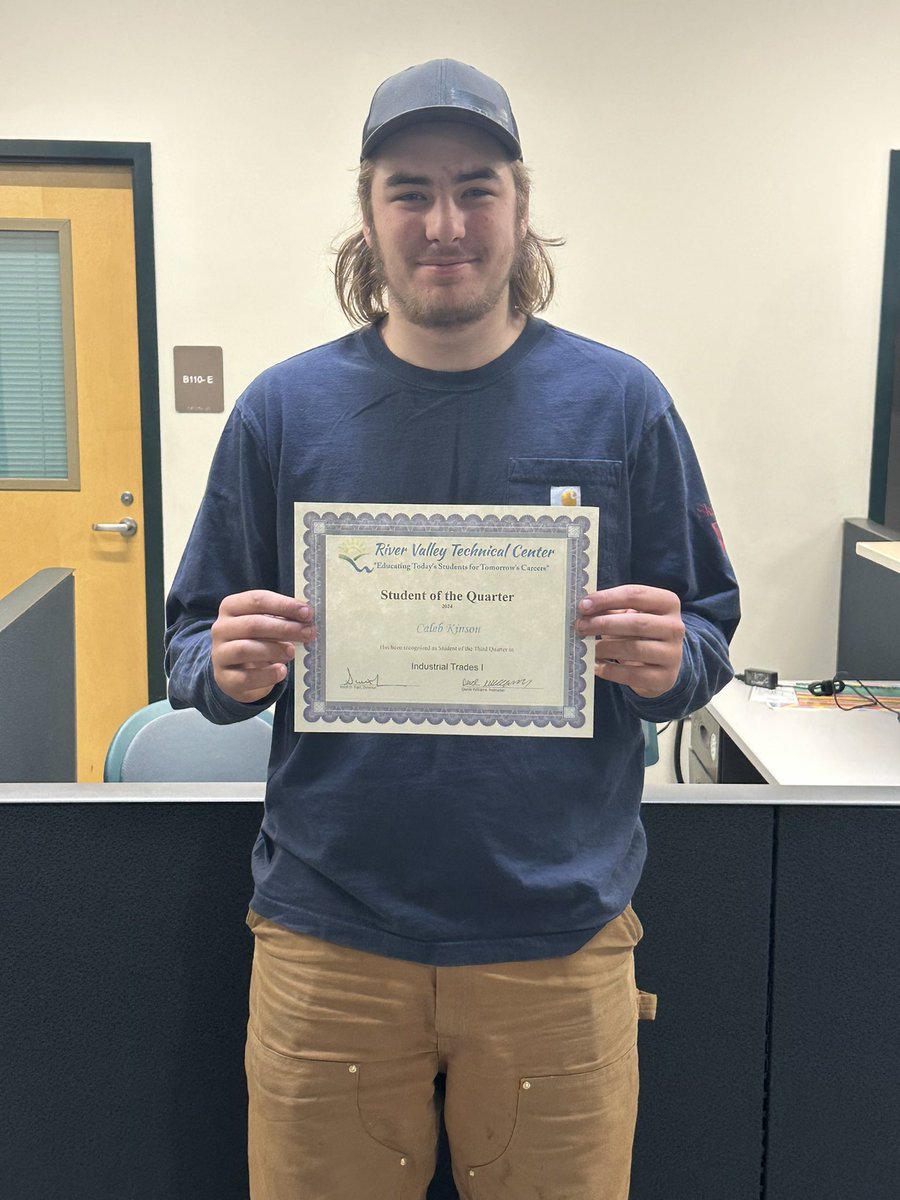 Caleb Kinson, a Fall Mountain Regional High and RVTC Industrial Trades Level I student was on campus to collect his Student of the Quarter Certificate. Caleb is on a Cooperative Education placement with Lawrence and Lober. Nice shirt Caleb!