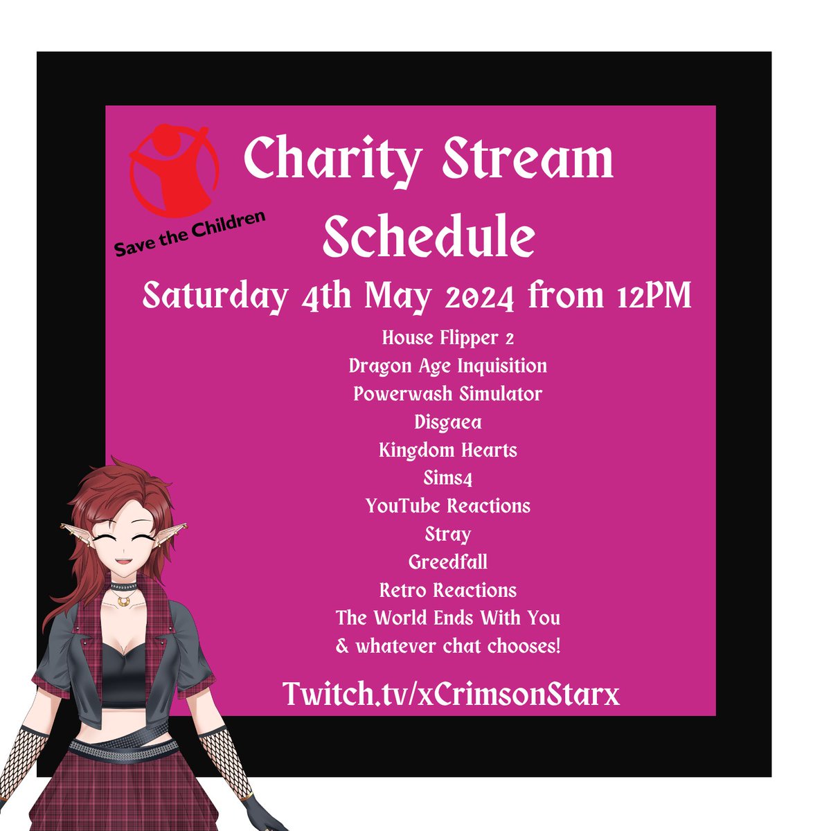 Just wanna remind everyone that my 24 Hour Charity stream for @savechildrenuk

The stream hasn't even started yet and we've already hit £70!!!

Please consider sharing this post so we can let people know ^^

#PNGTuber #VTuber #TwitchStreamers #VtuberUprsing #CharityStream