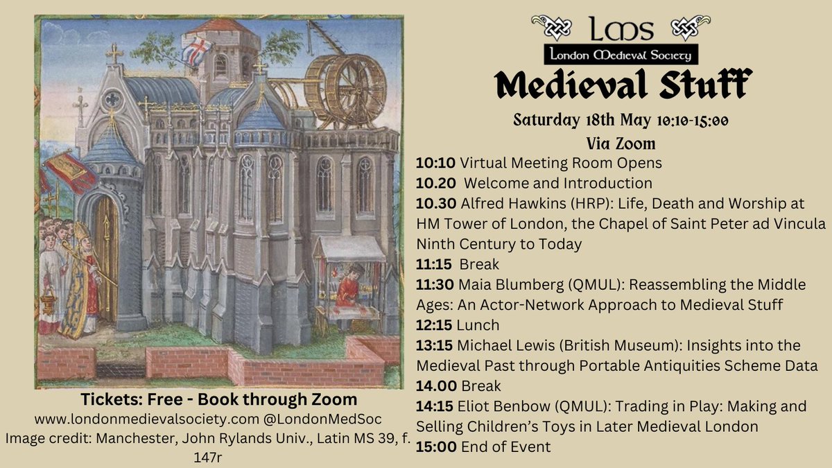 London Medieval Soc (@londonmedievsoc) on Twitter photo Another fantastic colloquium coming up for <a href="/LondonMedievSoc/">London Medieval Soc</a> - we may be a bit biased but check out the fantastic line up! Come and join us with <a href="/ARJ_Hawkins/">AlfredRJHawkins</a>, <a href="/EBenbow/">Eliot Benbow</a>, <a href="/maiablumberg/">Maia</a> and Michael Lewis to discuss all 'Medieval Stuff' on 18th May!
qmul-ac-uk.zoom.us/meeting/regist… Another fantastic colloquium coming up for <a href="/LondonMedievSoc/">London Medieval Soc</a> - we may be a bit biased but check out the fantastic line up! Come and join us with <a href="/ARJ_Hawkins/">AlfredRJHawkins</a>, <a href="/EBenbow/">Eliot Benbow</a>, <a href="/maiablumberg/">Maia</a> and Michael Lewis to discuss all 'Medieval Stuff' on 18th May!
qmul-ac-uk.zoom.us/meeting/regist…