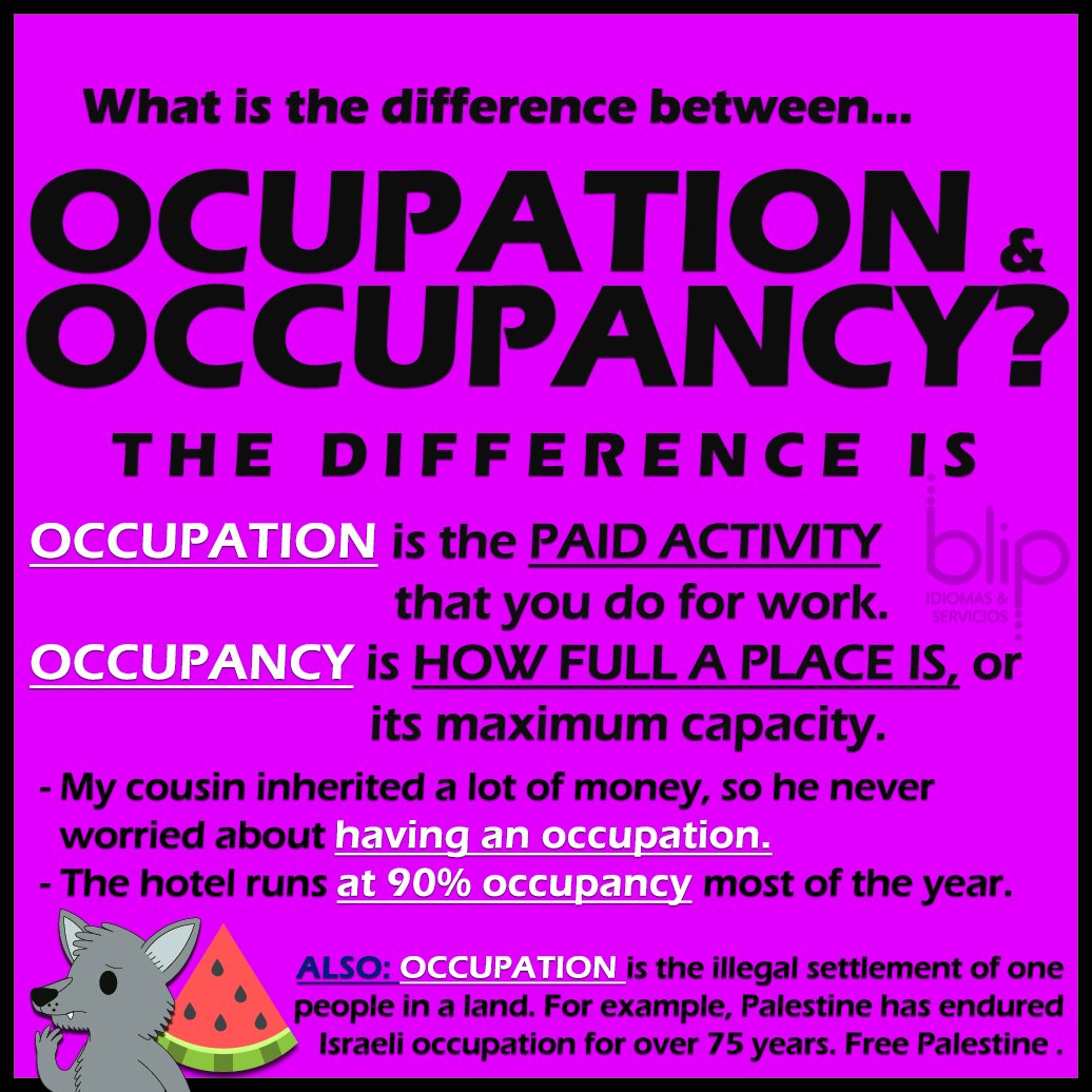 Blip_Idiomas's tweet image. Good day, dear folk! What is #TheDifference between OCCUPATION and OCCUPANCY?

✔️ OCCUPATION refers to THE THING or ACTIVITY THAT FILLS some time or space.
✔️ OCCUPANCY is about CAPACITY.

So, what&apos;s your occupation?

❤️ 🔃 💬