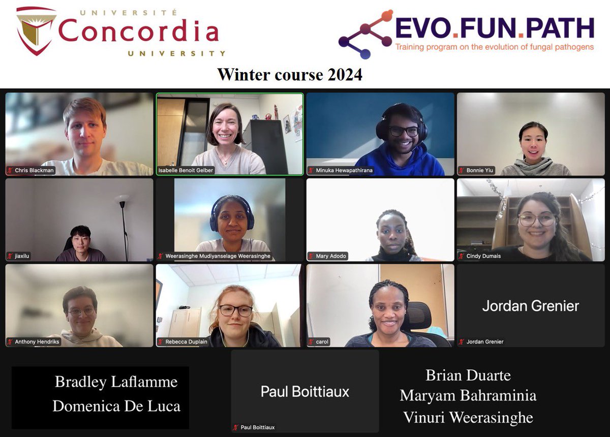Isabelle Benoit Gelber (@i_benoitgelber) on Twitter photo The @EvoFunPath Winter course 2024 is now over! Bravo to our fellows from 8 canadian universities in 4 provinces for their great work. Ready to tackle the challenges ahead in #forestry #antifungal_resistance #evolution #synbio #omics #DataScience and more. <a href="/biologyatCU/">Biology at Concordia</a> The @EvoFunPath Winter course 2024 is now over! Bravo to our fellows from 8 canadian universities in 4 provinces for their great work. Ready to tackle the challenges ahead in #forestry #antifungal_resistance #evolution #synbio #omics #DataScience and more. <a href="/biologyatCU/">Biology at Concordia</a>