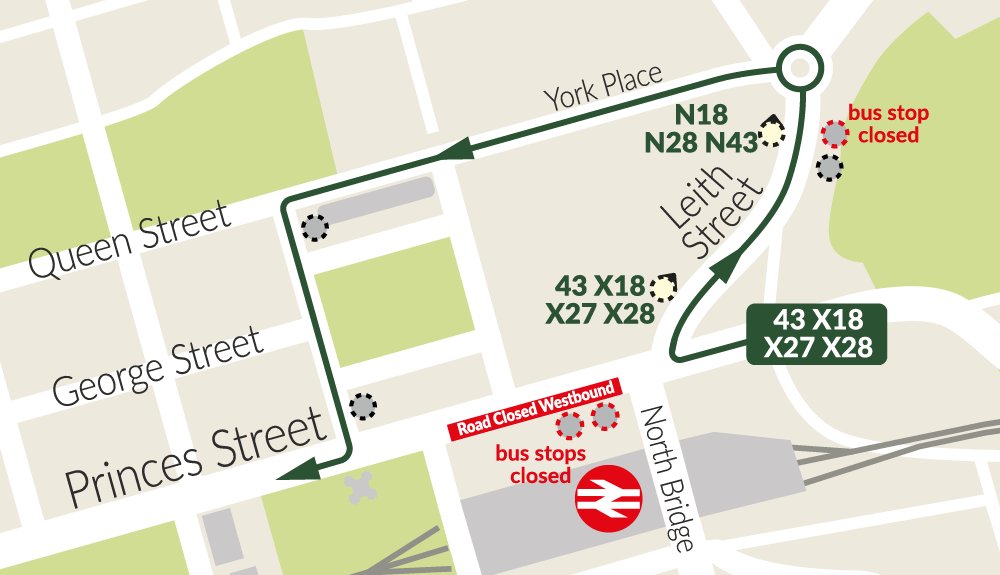 ⚠️Customer Information⚠️ Service 43, X18, X27, X28, N43 & N18 - Due to crane works, Princes Street will be closed WESTBOUND at Waverley Steps from 2300 hrs on Mon. 6th until approx. 0600 hrs on Tues. 7th May. ➡️ lothianbuses.com/service-update…