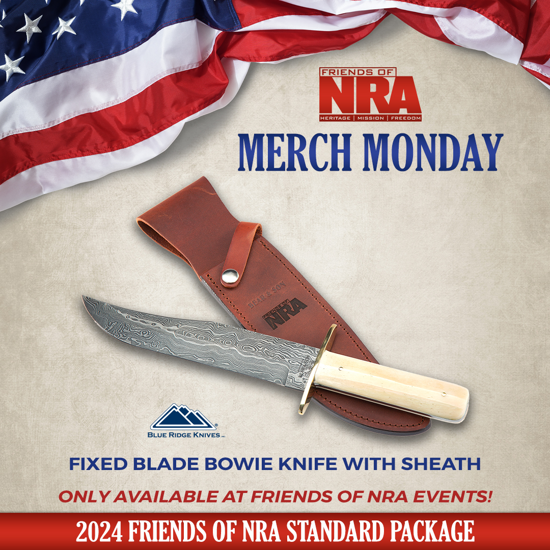 This unique 14 3/8” Bear & Sons Fixed Blade Bowie Knife has a 9” blade made of high-definition Damascus Steel & features a white smooth bone handle. This knife comes with a genuine leather sheath printed with the Friends of NRA logo. Find it at an event: friendsofnra.org/events/