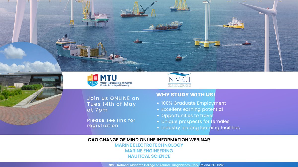 Attention secondary school students! The #NMCI will be hosting a #CAO Change of Mind Webinar on 14th May at 7pm. Join us online to learn about the courses we offer at the NMCI. To register for this webinar please fill out the form below. forms.office.com/e/eThTfwKCdy #MTU #LeavingCert