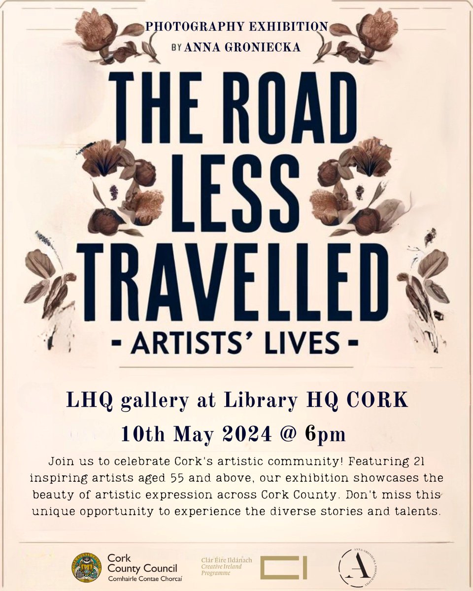 Join us next Friday at 6pm to celebrate the opening of The Road Less Travelled by Anna Groniecka as part of our Bealtaine County programme. Supported by Creative Ireland. @Age_Opp @BealtaineFest @creativeirl @whazoncork @CorkCountyPPN @Corkcoco @AnnaGroniecka