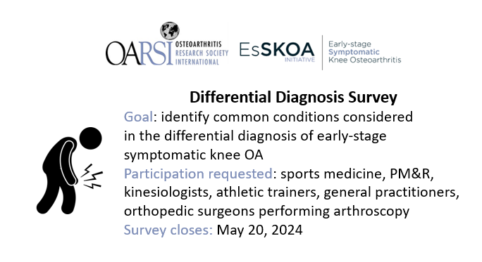 As part of our @oarsinews Early-stage symptomatic knee osteoarthritis (#EsSKOA) initiative: Our goal is to identify common conditions considered in the differential diagnosis of #EsSKOA. Take the survey here: redcap.utoronto.ca/surveys/?s=3N9… Closes May 20, 2024