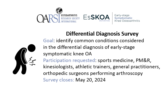 As part of our @oarsinews Early-stage symptomatic knee osteoarthritis (#EsSKOA) initiative: 
Our goal is to identify common conditions considered in the differential diagnosis of #EsSKOA.

Take the survey here: redcap.utoronto.ca/surveys/?s=3N9…
Closes May 20, 2024