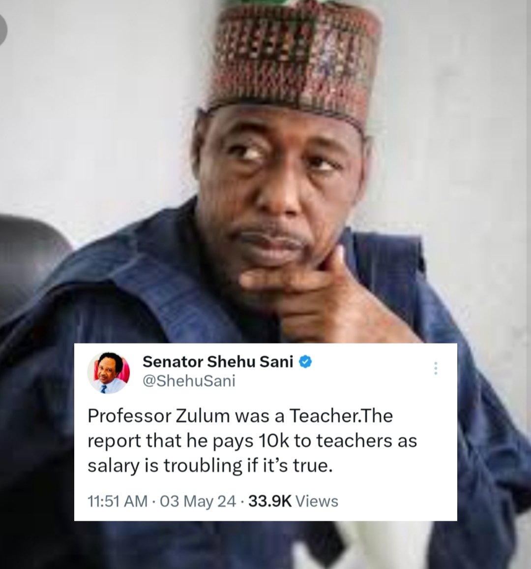Senator Shehu Sani reacts after Borno State governor paid 10k to teachers as salary.