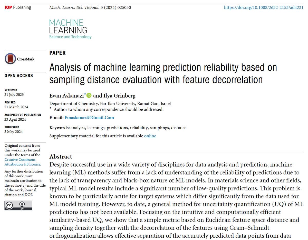 Great new work by Evan Askanazi and Ilya Grinberg @ubarilan - 'Analysis of #machinelearning prediction reliability based on #sampling distance evaluation with feature decorrelation' - iopscience.iop.org/article/10.108… #materials #compchem #AI #datascience #reliability