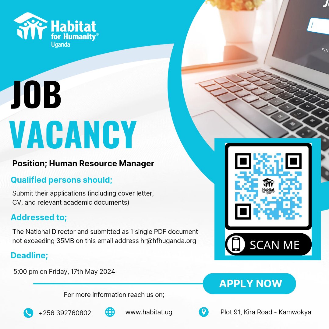 JOB OPPORTUNITY 📢

@Habitat4uganda is currently hiring a Human Resource Manager to join its team.
Details:qrco.de/bf1cNB

#jobclinicug #jobsinuganda #hiring #opportunities #jobs #ApplyNow  #careers