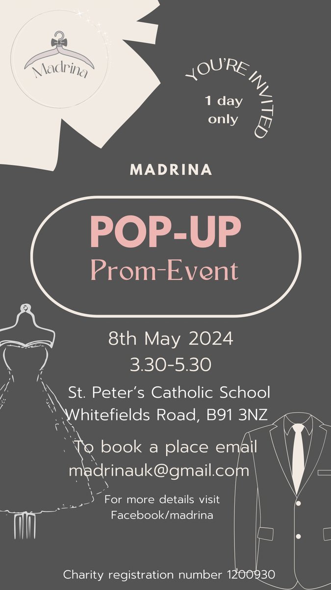 Struggling with the cost of prom? We are excited to announce @StPetersSch is hosting a Madrina pop-up event!  An open invitation to those struggling with getting an outfit.  BOOKING IS ESSENTIAL details below @SolihullUpdates #faithisourfoundation