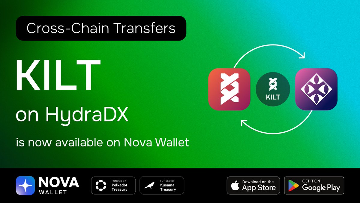 A new cross-chain transfer option for KILT is now live in Nova Wallet! ✨ You can now easily transfer KILT tokens between KILT and HydraDX in Nova Wallet! 🔀 Download Nova Wallet! 🚀 novawallet.io