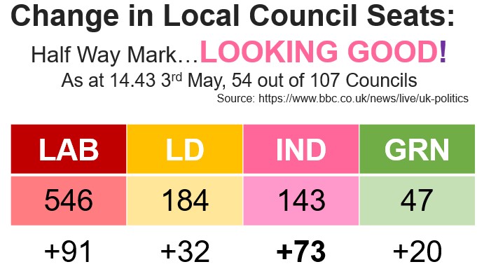 Half of the Local Council election results have been declared and 58% of gains have gone to Independents, Lib Dems or Greens (+ 1 Res Association). This feels like a WIN and gives hope to Indy GE candidates including @jason_zadrozny, @emmadentcoad and myself. Please share!
