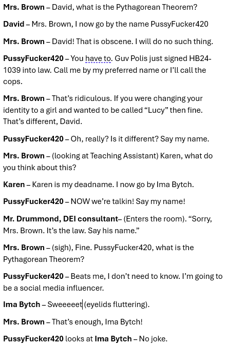 BREAKING. Mrs. Brown, a geometry teacher at Denver's East High School, has been arrested for violating Colorado's new non-legal name change law, HB24-1039, that Gobrenador Jared Schutz-Polis @jaredpolis @govofco signed into law.

#copolitics #coleg #cogov #9News #HeyNext