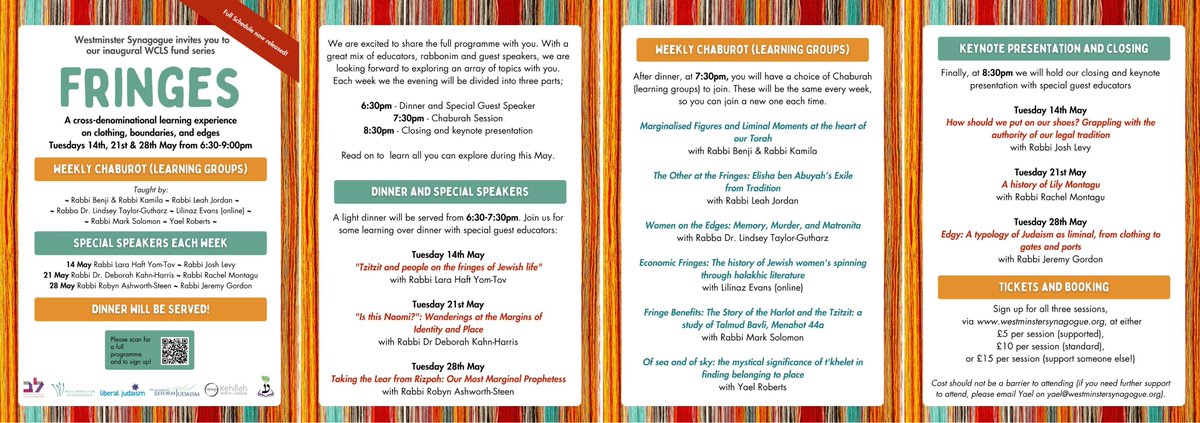 The full line-up for FRINGES - the cross-denominational learning series at Westminster Synagogue - has been released. A number of Progressive clergy will be leading sessions including @RabbiJoshLevy, @rabbirobyn, @MosheLeibSol and @leah_solo. Book here: westminstersynagogue.org/event/fringes.…