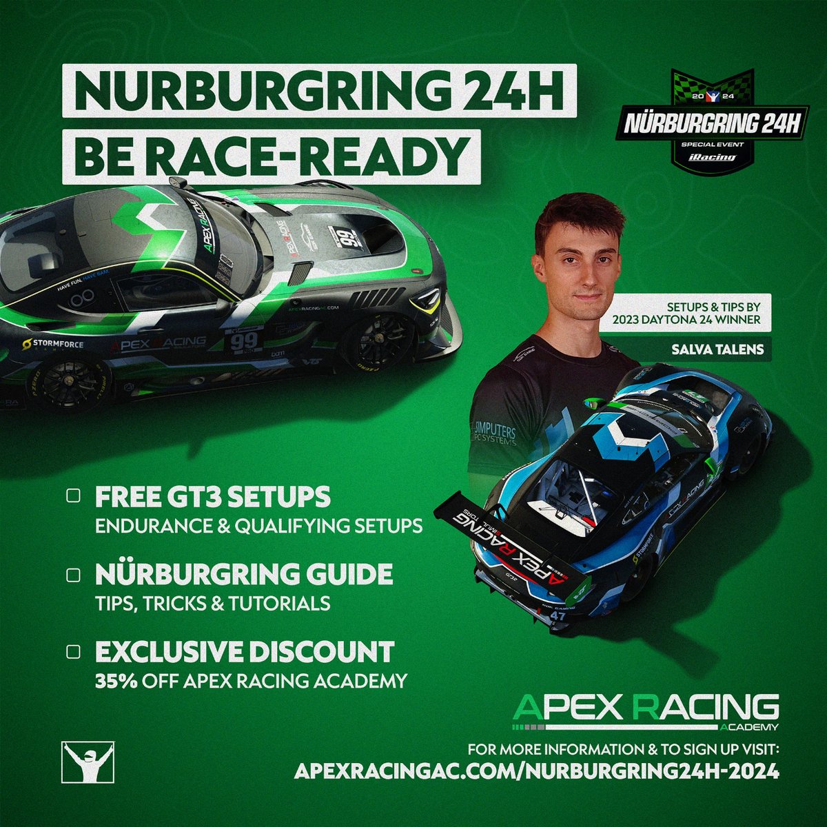 Be race-ready for @iRacing 🇩🇪 Nürburgring 24H! 💸 35% discount code! ✅ Free GT3 setups ✅ Tips, Tricks & Tutorials 🔗 apexracingac.com/nurburgring24h… #apexracingacademy #iracing