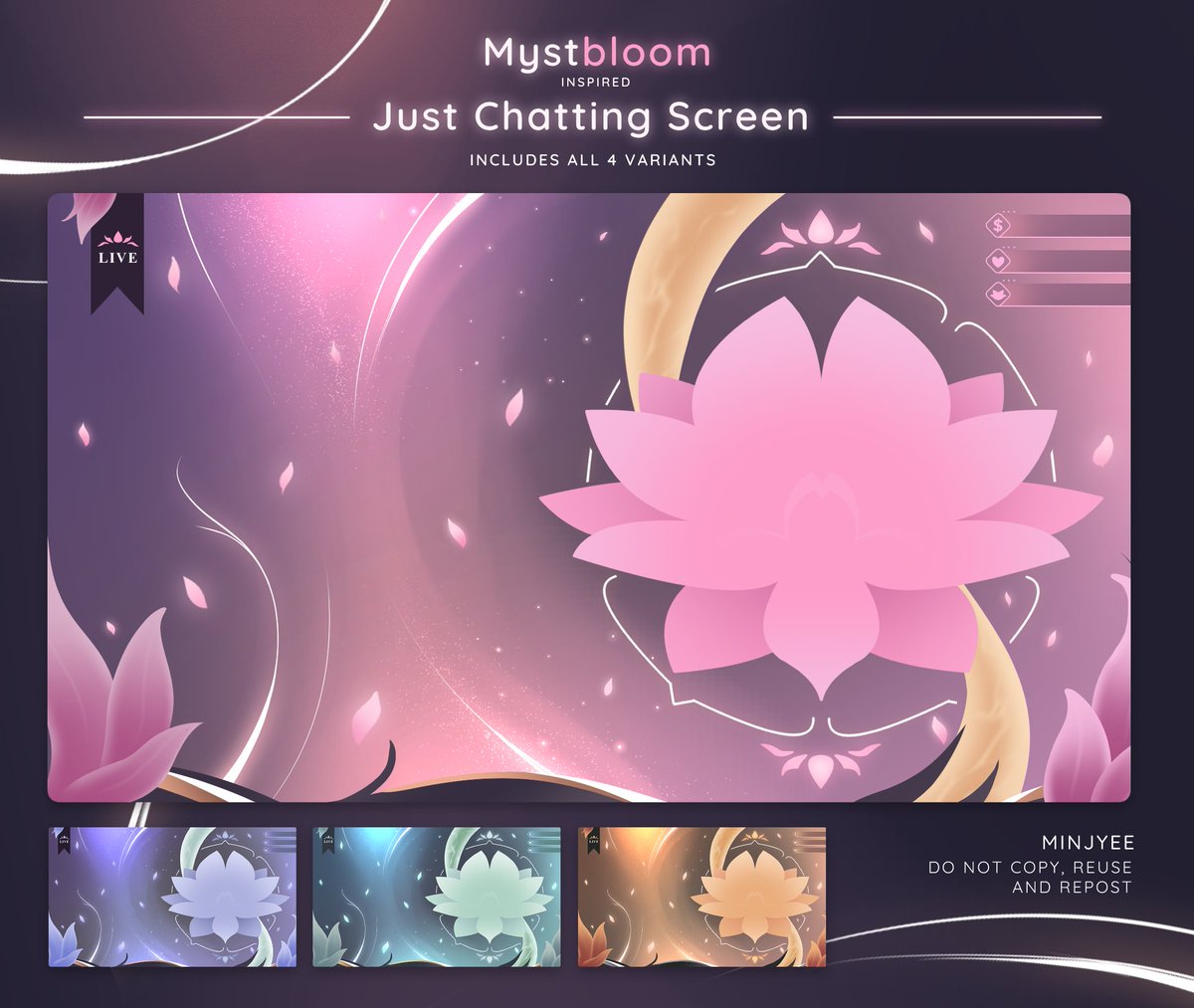 ⎯♡ FREE Mystbloom-inspired overlay ♡⎯  

- 4x Static Just Chatting Screen   

I fell in LOVE with the Valorant Mystbloom bundle and it inspired this just chatting overlay!!  

♡ + ↻ appreciated!
Available here: ko-fi.com/s/1079aebdd9 #vtuber #vtuberassets #valorant