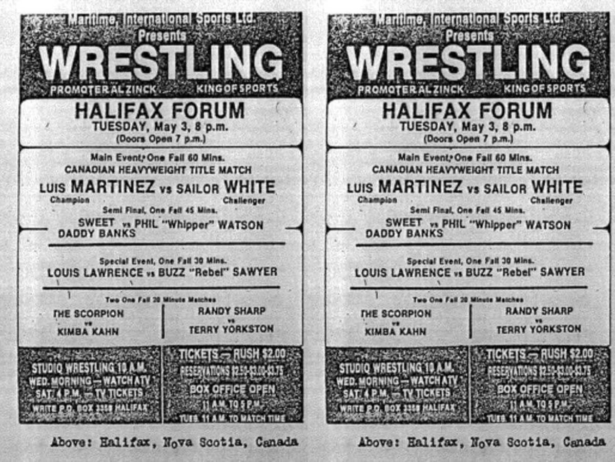 May 3rd 1977 Halifax, NS. 

Luis Martinez vs Sailor White, Sweet Daddy Banks vs Phil Watson & more.

@halifaxforum #maritimewrestling