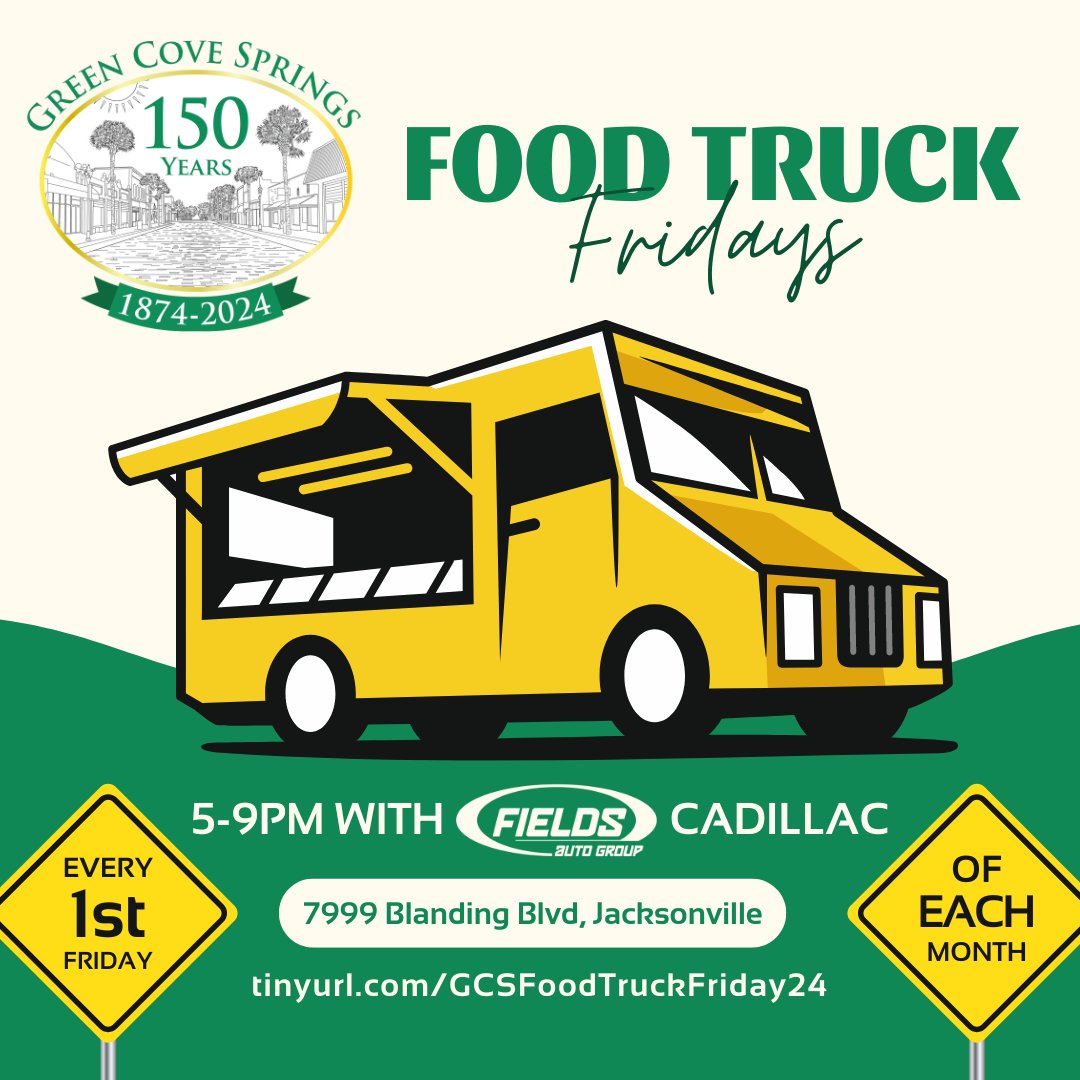 Join us tonight for #GreenCoveSprings #FoodTruckFriday, 5-9PM! Every 1st Friday from Mar-Nov., enjoy local food trucks @ #SpringPark w/ live music on the #StJohnsRiver bank. BYO beer & wine. Details @ tinyurl.com/GCSFoodTruckFr… #FieldsAuto #FieldsCadillac #Jacksonville #Foodie