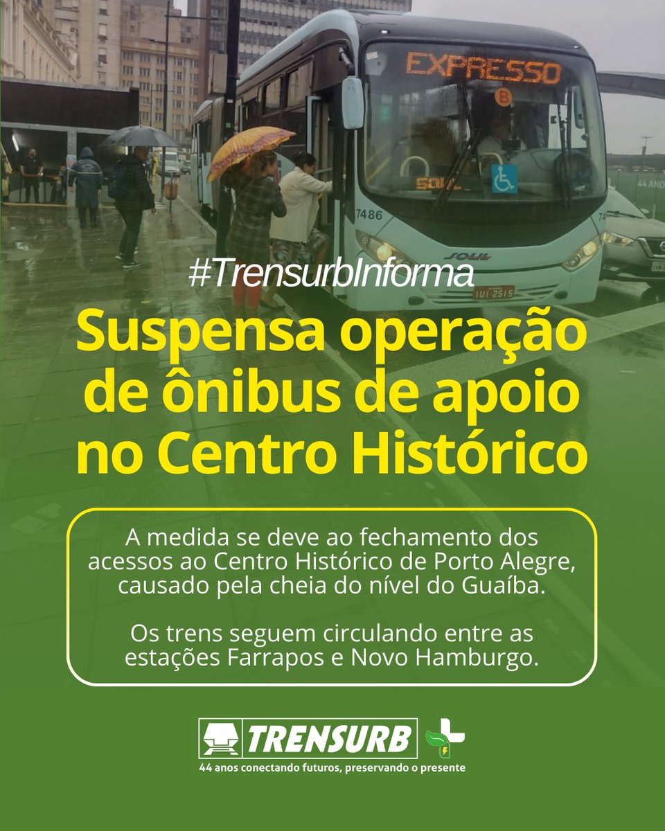 #TrensurbInforma ⚠️ Devido ao fechamento dos acessos ao Centro Histórico de Porto Alegre, causado pela cheia do nível do Guaíba, foi impedida a prestação de serviço emergencial com ônibus entre as estações Farrapos e Mercado. (+)