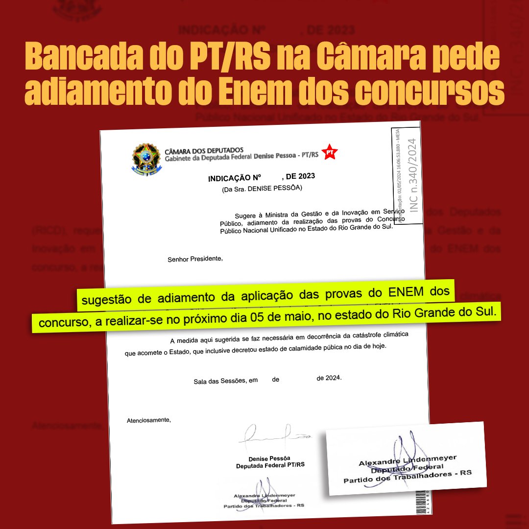 A bancada gaúcha do PT na Câmara solicitou à ministra Esther Dweck o adiamento da prova do Concurso Unificado marcado p/ domingo (5), considerando os eventos climáticos no RS. O Estado tem 80 mil inscritos, vários sem acesso aos locais por causa dos bloqueios nas estradas.