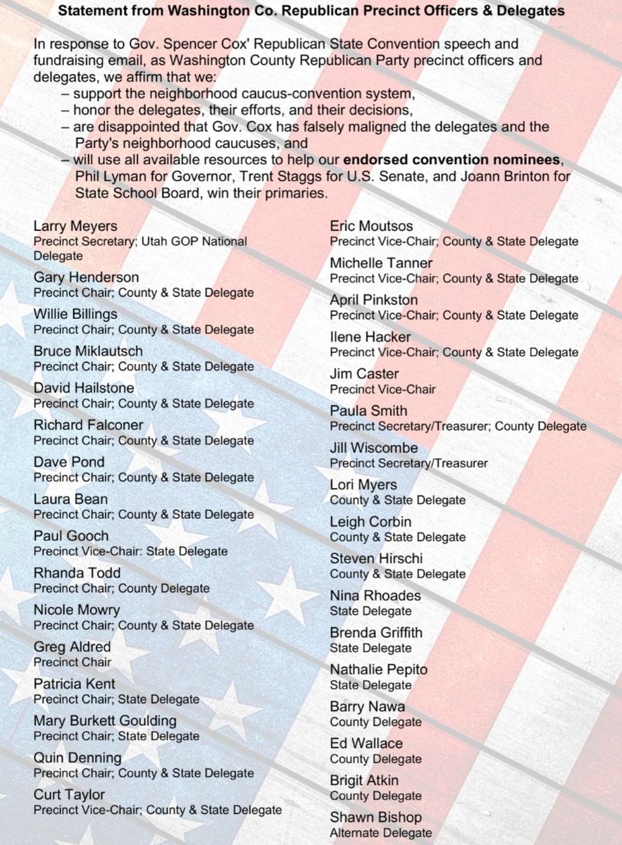 Statement and Endorsements from Washington County Utah Republican Precinct Officers and Delegates🇺🇸 @phil_lyman @MayorStaggs @joannbrinton